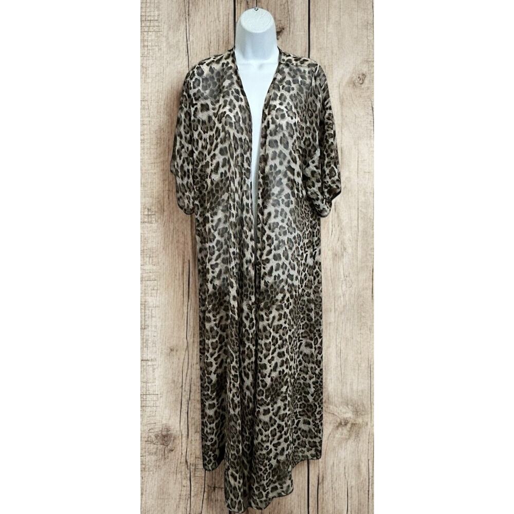 Turquoise Haven Open Kimono Duster Top Sz S/M Animal Print Short Sleeve Long